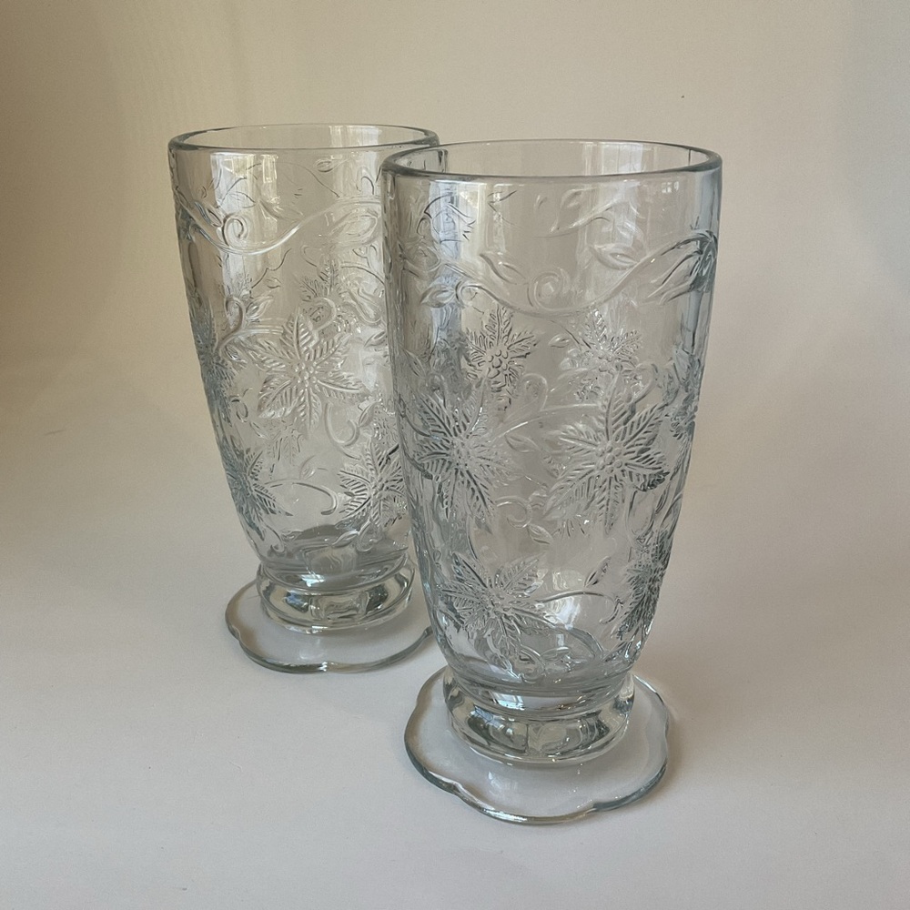 Princess House Fantasia Clear Glass Footed Tumblers Set - Embossed Floral Design